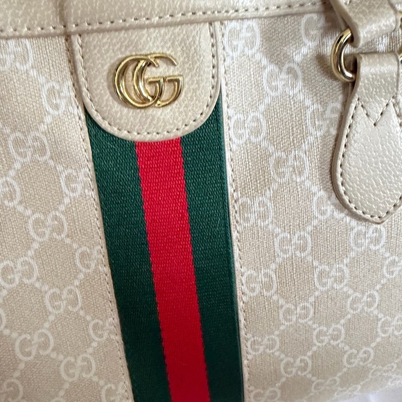 In- spired Beige Tote Bag with Red and Green Stripes - Picture 3 of 9